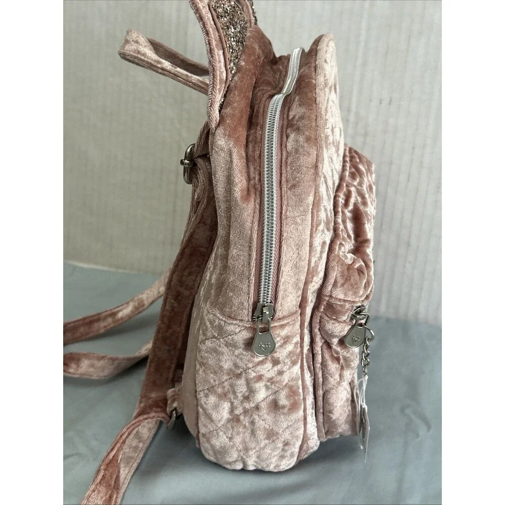 JUSTICE MINI BACKPACK KITTY CAT SHIMMERING GLITTER EARS ROSE VELOUR SUPER CUTE
